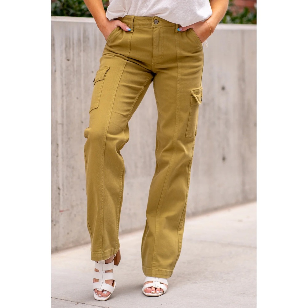 Judy Blue Garment Dyed Cargo Pants Green Straight Leg Size 29 Front Seam Boho